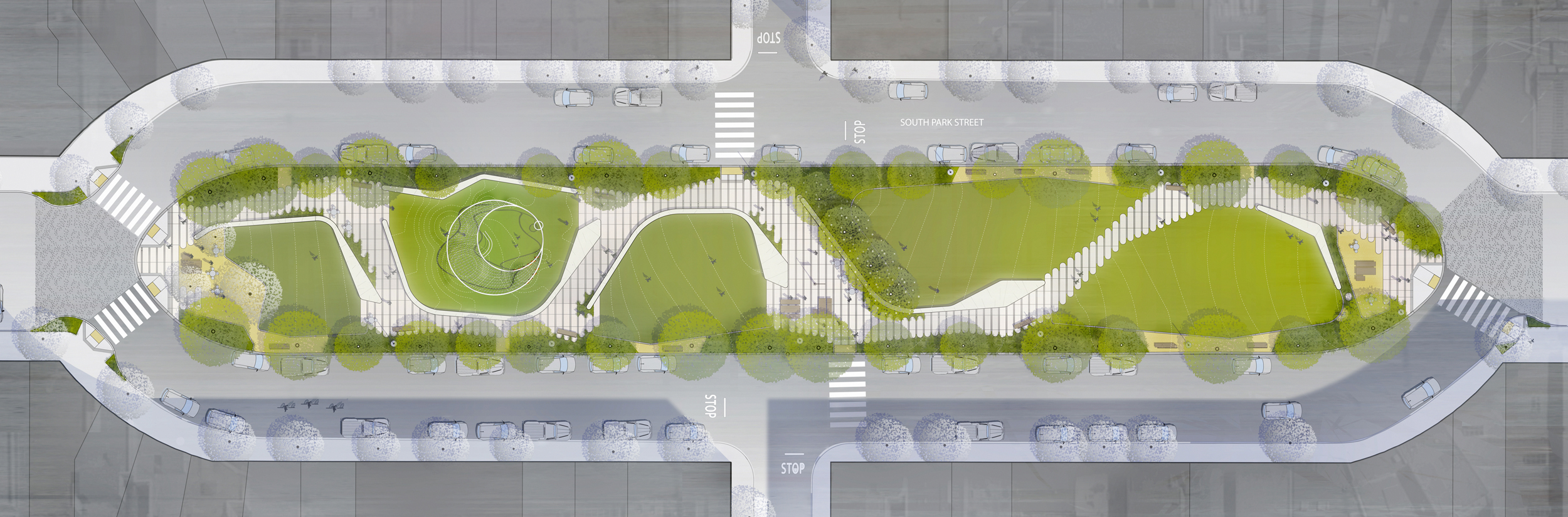 The design of the park utilises a 'path finding' tool which uses data collected on site to draw the path towards important areas.